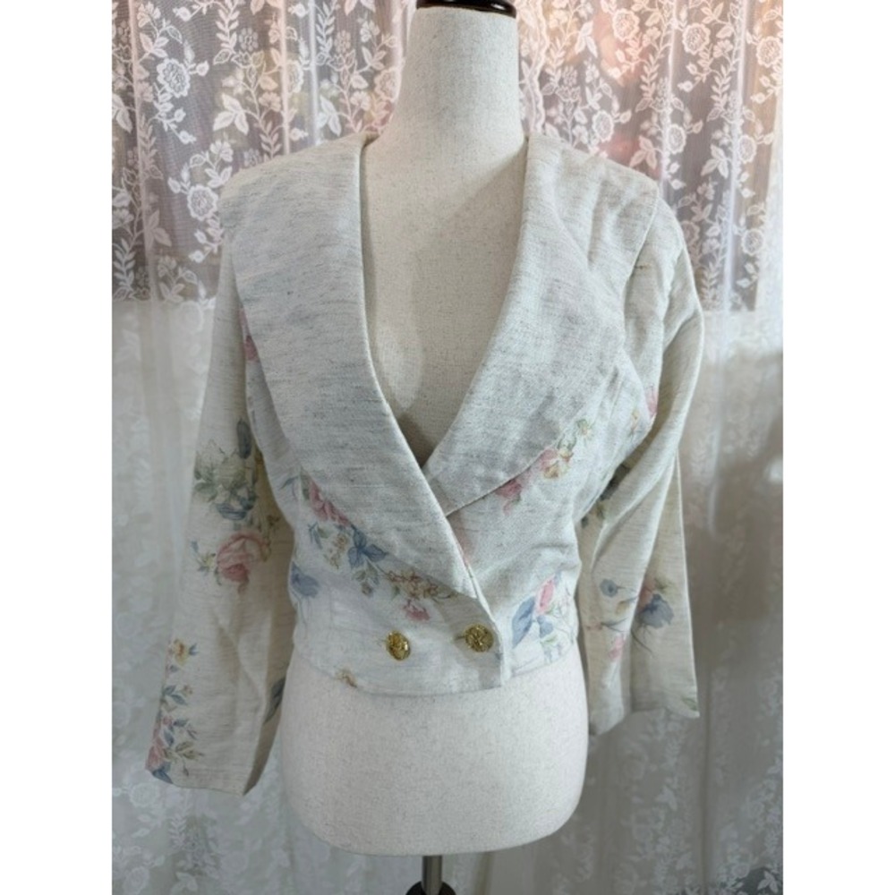 Vintage Floral Cropped Blazer Sailor Collar Gold Buttons Oatmeal Pastel Jacket